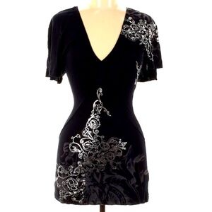 True Blue plunging v neck off the shoulder Black metallic filigree print top